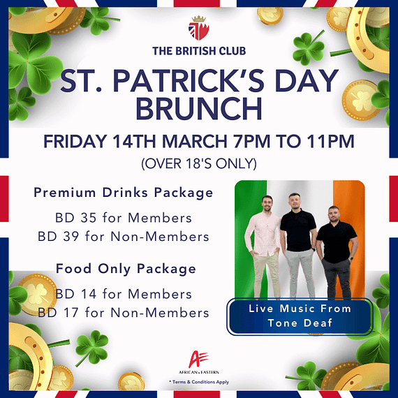 St Patrick’s Day Brunch at The British Club – Friday 14th March Brunches
